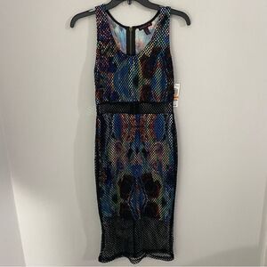 Material Girl Women’s Scoop Neck Mesh Colorful Sleeveless Zipper Bodycon Dress